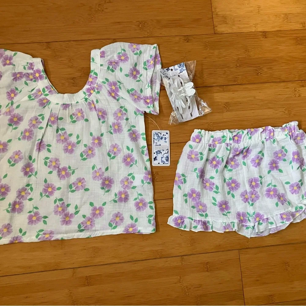 NWT Girls Size 4T Purple Flower Light & Breezy Outfit - Top Shirt & Shorts - Picture 2 of 2